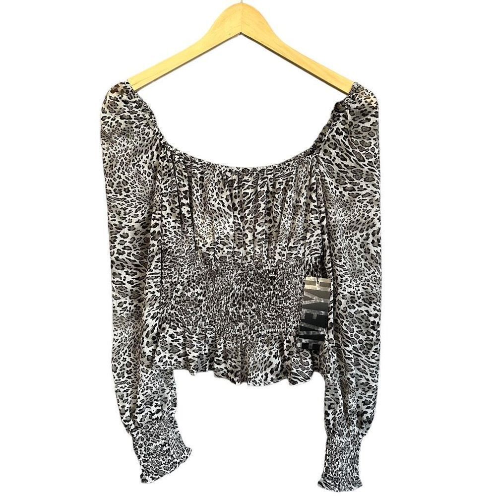 NWT HYFVE Leopard Print Puff Sleeve Smocked Ruffle Peplum Hem Blouse
